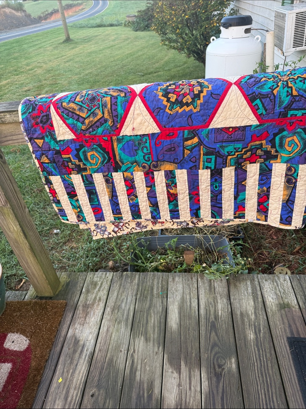 Colorful Geometric Patchwork Quilt - Purple, Teal & Red Accents hand sewn very W